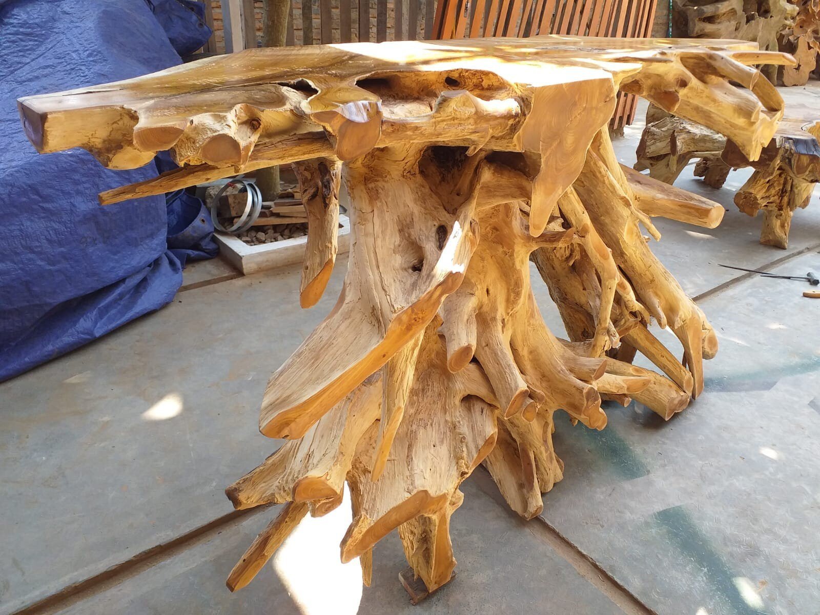 Longcarved Teak Root Entryway Table - Teak Root Sideboard Table - Long Natural Edge Console Table - Live Edge Teak Console Table - SOGEH Furniture