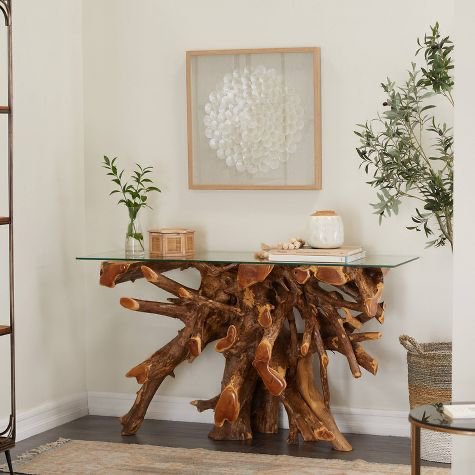 Mid-century modern style teak root console table - Bohemian style teak root console table with woven texture - Coastal style teak root console table with light finish - SOGEH Furniture