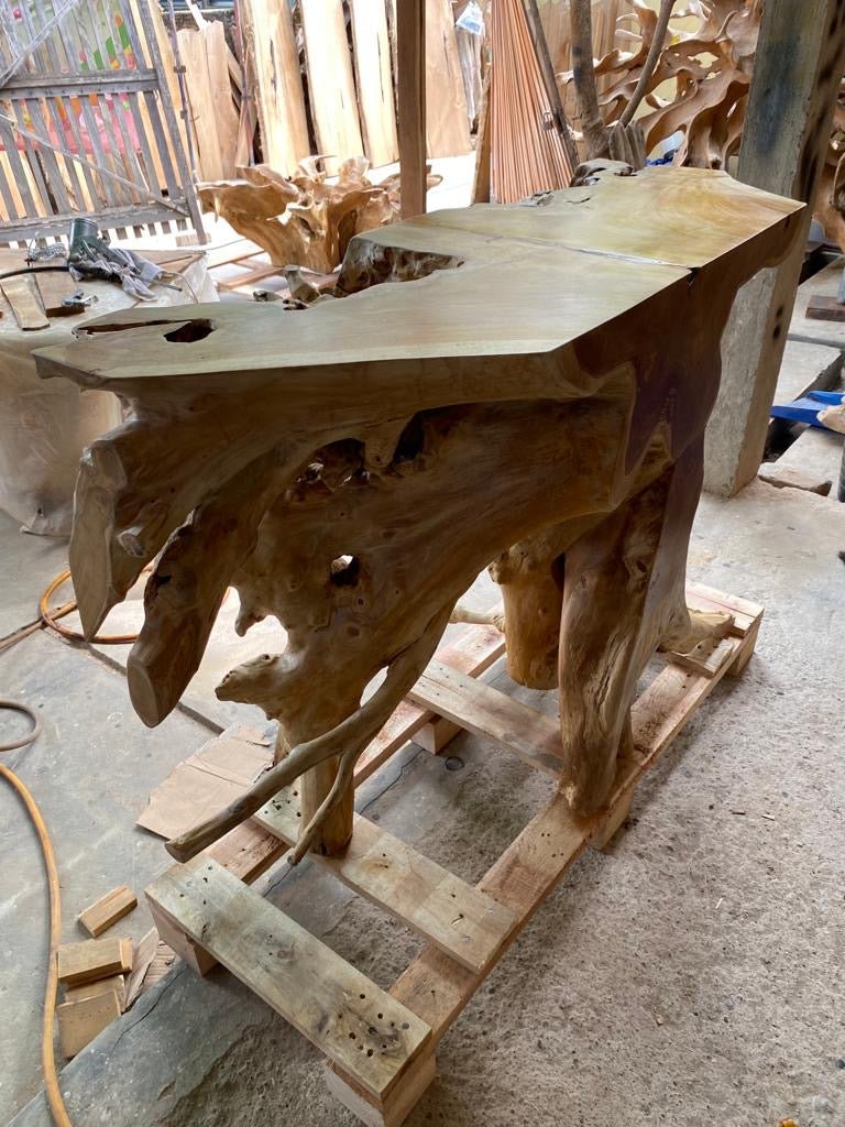 Natural edge teak console table - Carved teak root console table - Solid teak console table - Teak root furniture set - Teak root furniture - SOGEH Furniture