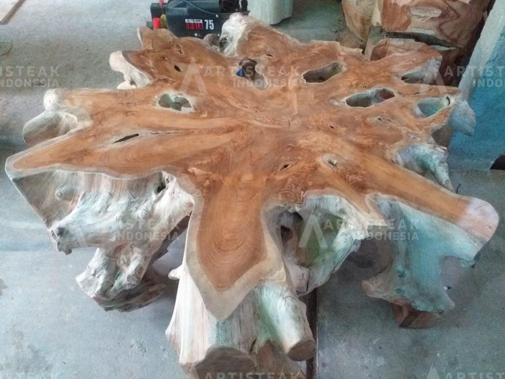 Natural Finish Teak Root Coffee Table - Clear Coat Teak Root Coffee Table - Starburst Teak Root Coffee Table With Clear Coat - Industrial Teak Root Coffee Table - SOGEH Furniture