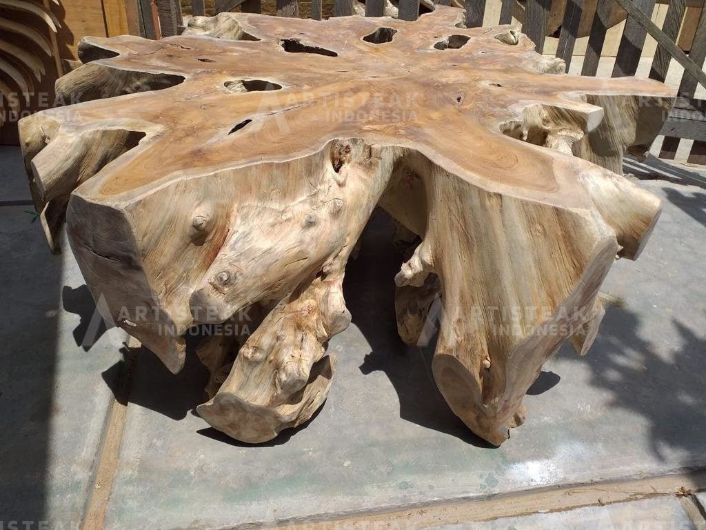 Natural Finish Teak Root Coffee Table - Clear Coat Teak Root Coffee Table - Starburst Teak Root Coffee Table With Clear Coat - Industrial Teak Root Coffee Table - SOGEH Furniture