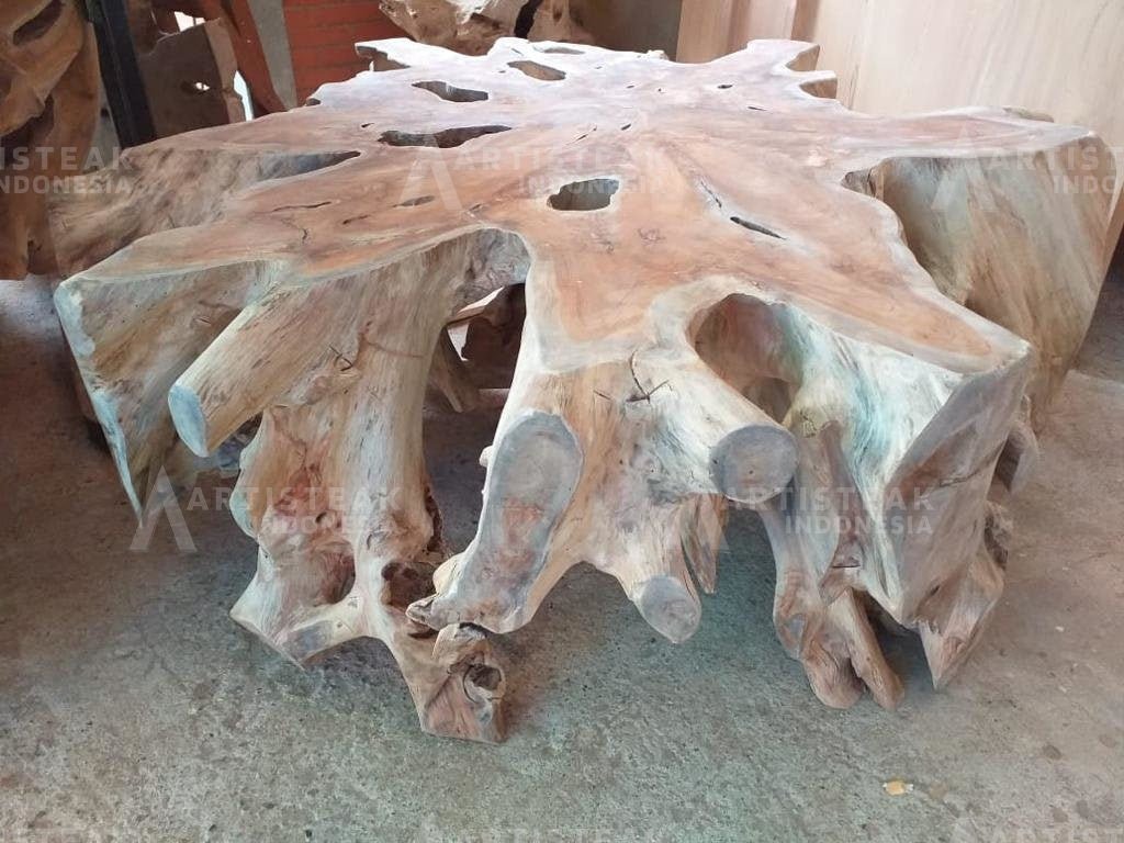 Natural Finish Teak Root Coffee Table - Clear Coat Teak Root Coffee Table - Starburst Teak Root Coffee Table With Clear Coat - Industrial Teak Root Coffee Table - SOGEH Furniture