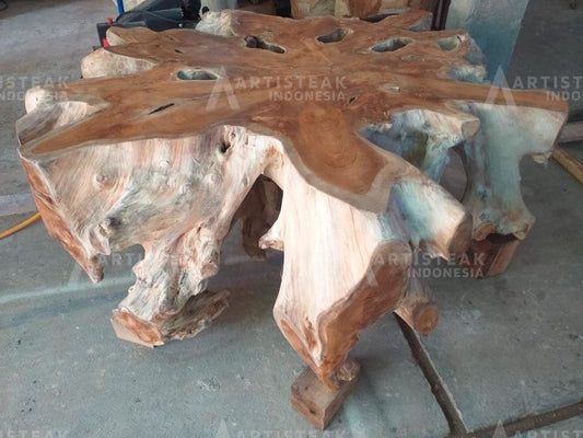 Natural Finish Teak Root Coffee Table - Clear Coat Teak Root Coffee Table - Starburst Teak Root Coffee Table With Clear Coat - Industrial Teak Root Coffee Table - SOGEH Furniture