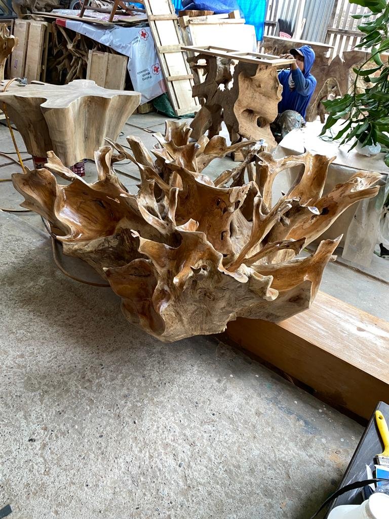 Natural Floral Carved Teak Coffee Table - Teak Root Coffee Table with Floral Carvings - Hand Carved Floral Teak Coffee Table - Indonesian Floral Carved Table - SOGEH Furniture