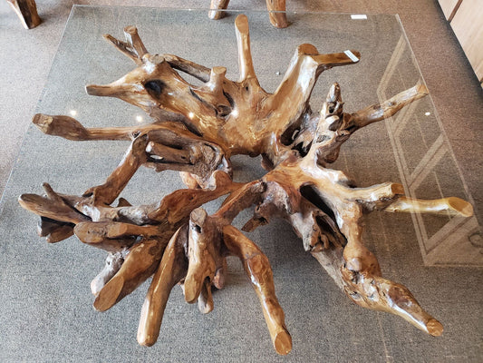 Natural Teak Root Square Coffee Table With Glass Top - Natural Teak Root Square Nesting Coffee Tables - Natural Teak Root Coffee Table For Living Room - SOGEH Furniture