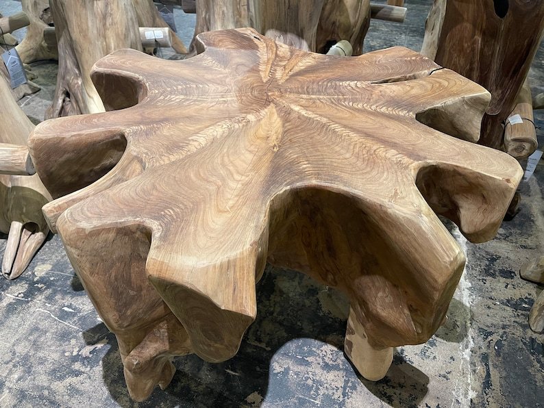 Natural teak root table with bench - Extendable natural teak root dining table - Luxury natural teak root dining table set - Sustainable natural teak root furniture - SOGEH Furniture