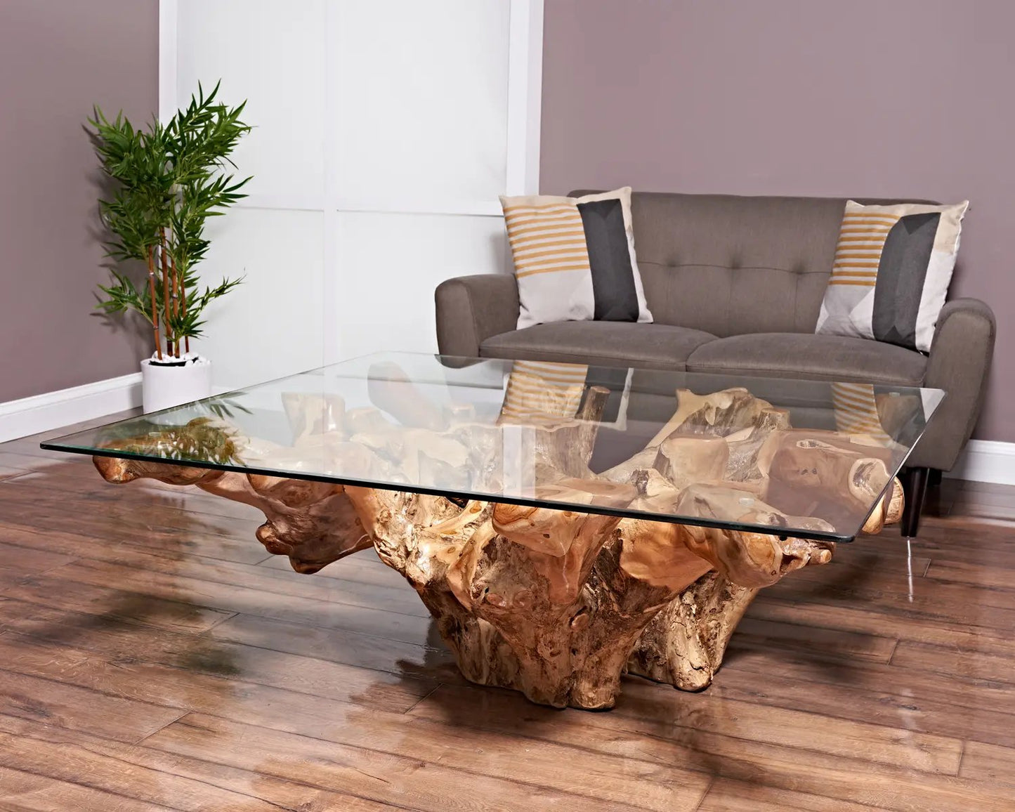 Natural teak root table with glass top -?Live edge teak root table for modern home - One of a kind furniture - Heirloom furniture - SOGEH Furniture