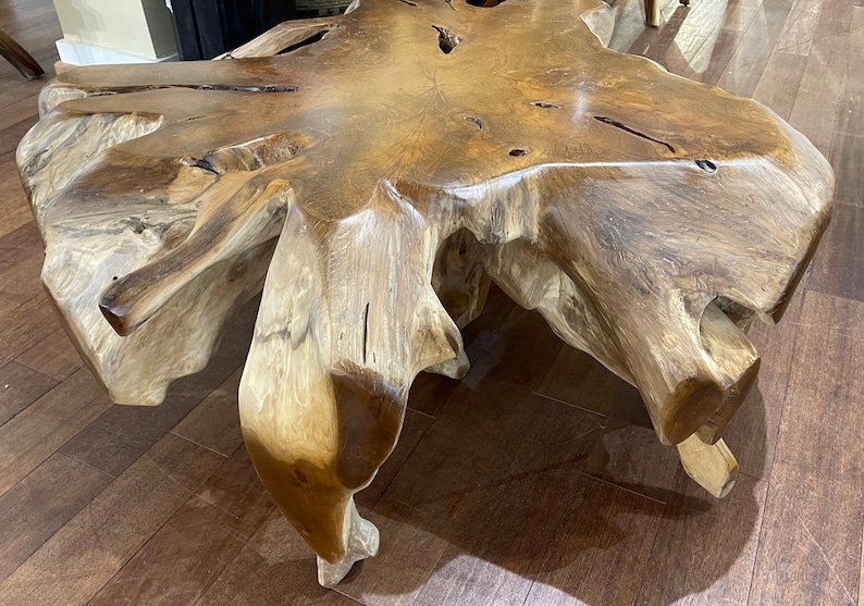 Natural teak slab dining table - Teak root pedestal dining table - Teak root base dining table - Natural brown teak root furniture - Live edge teak root furniture - SOGEH Furniture