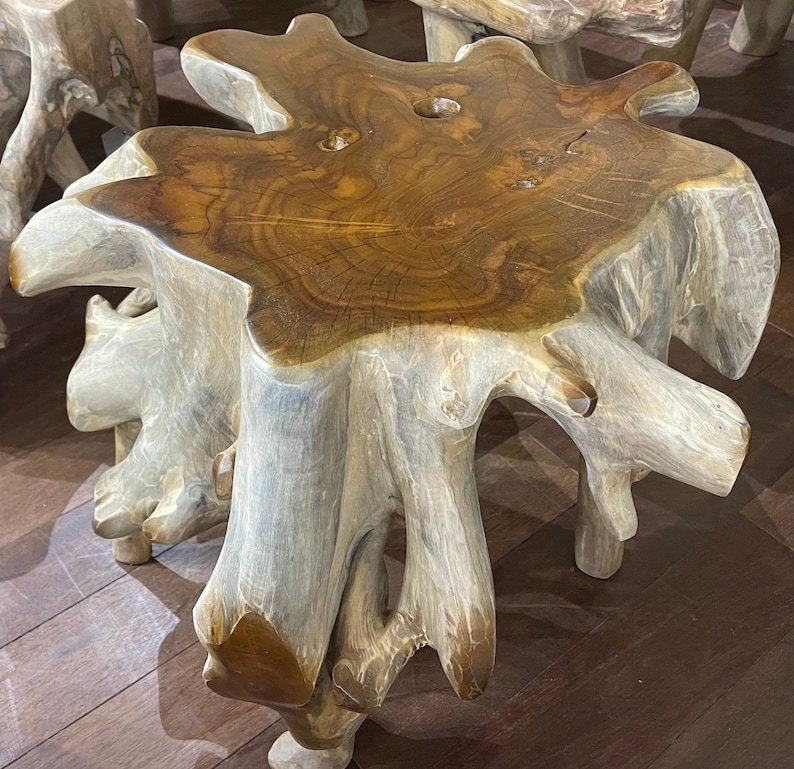 Natural teak slab dining table - Teak root pedestal dining table - Teak root base dining table - Natural brown teak root furniture - Live edge teak root furniture - SOGEH Furniture