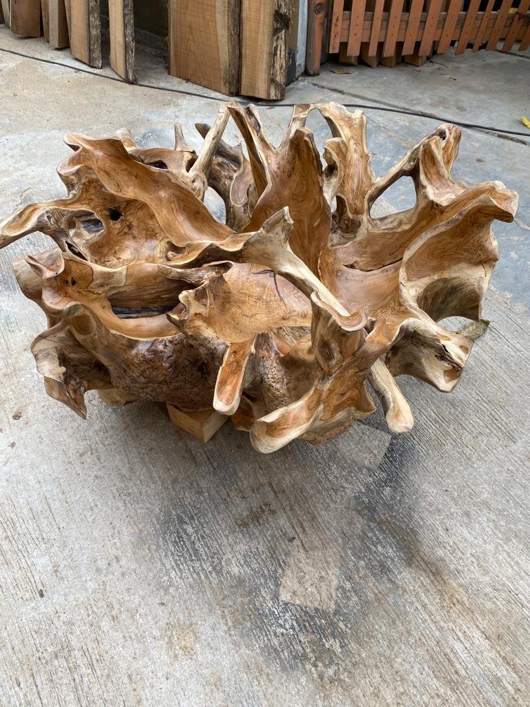 Round teak root coffee table with leaf design - Natural edge teak root coffee table with floral carving - Live edge teak root side table with floral inlay - SOGEH Furniture