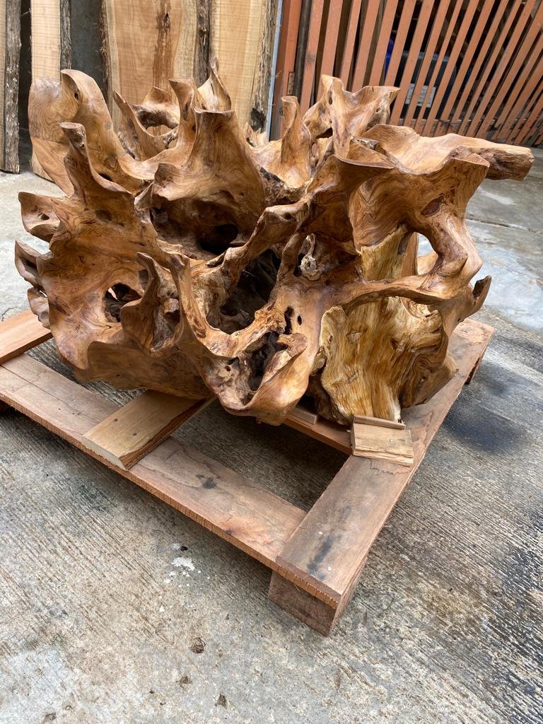 Round teak root coffee table with leaf design - Natural edge teak root coffee table with floral carving - Live edge teak root side table with floral inlay - SOGEH Furniture