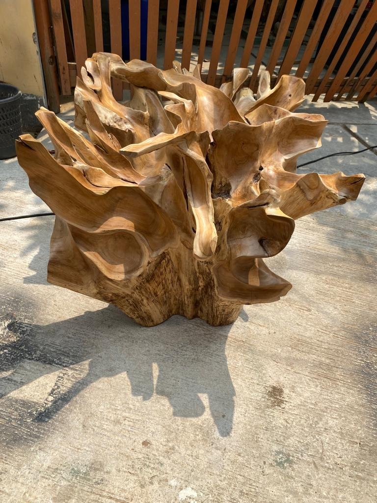 Rustic teak root coffee table with leaf pattern - Eco-friendly teak root dining table with floral detail - Handmade teak root bench with floral motif - SOGEH Furniture