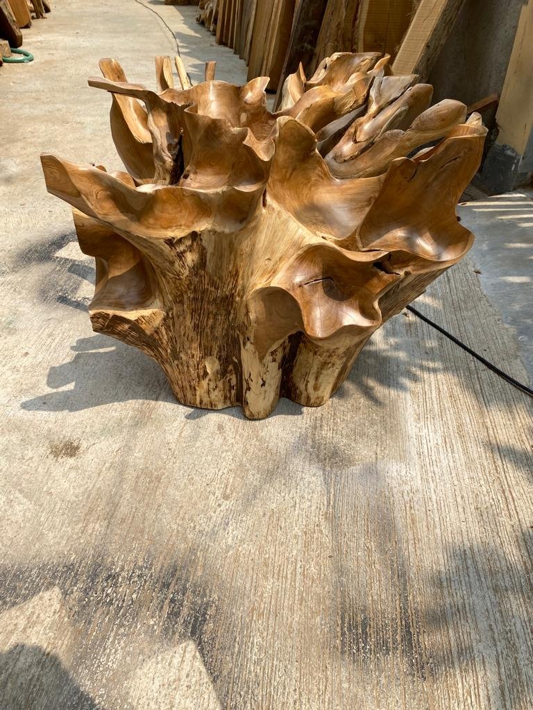 Rustic teak root coffee table with leaf pattern - Eco-friendly teak root dining table with floral detail - Handmade teak root bench with floral motif - SOGEH Furniture