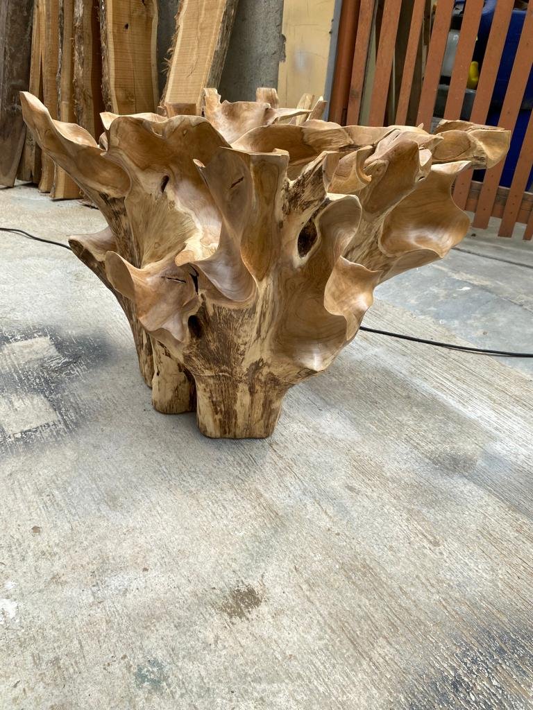 Rustic teak root coffee table with leaf pattern - Eco-friendly teak root dining table with floral detail - Handmade teak root bench with floral motif - SOGEH Furniture