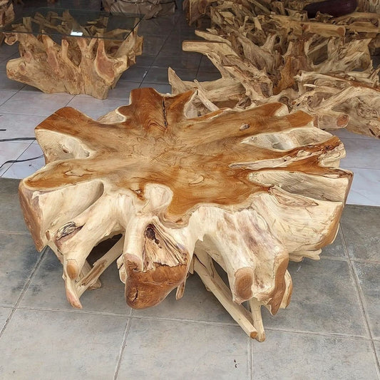 Square teak root coffee table - Indonesian sustainable furniture - Hand carved teak root furniture - Indonesian teak root table top - Jepara teak root furniture - SOGEH Furniture