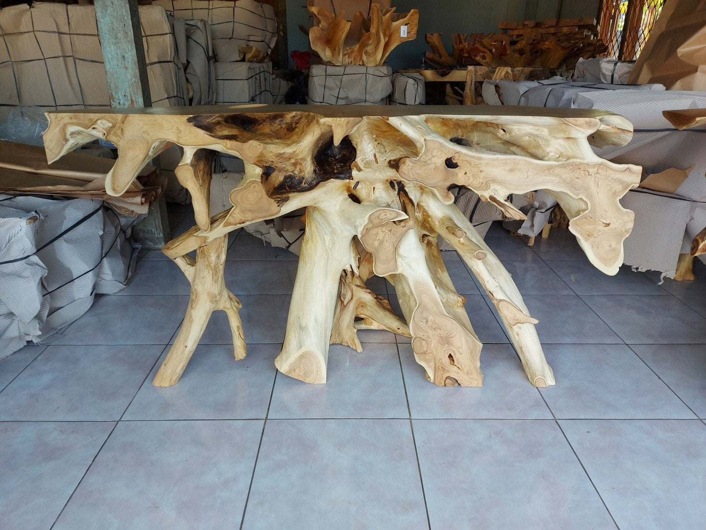 Sustainable Teak Root Console Table - Organic Shape Teak Root Console Table - Teak Root Slab Console Table - SOGEH Furniture