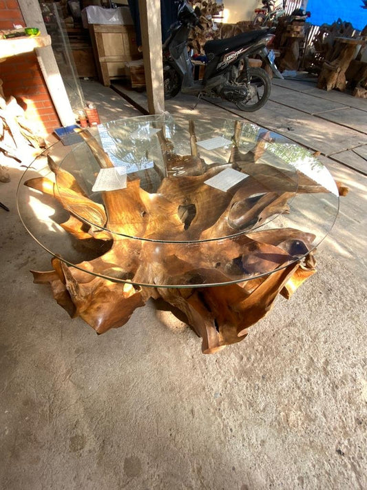 Teak Root Coffee Table with Storage - Golden Brown Teak Slab Coffee Table - Round Teak Root Coffee Table Teak Root - Coffee Table with Glass Top - SOGEH Furniture