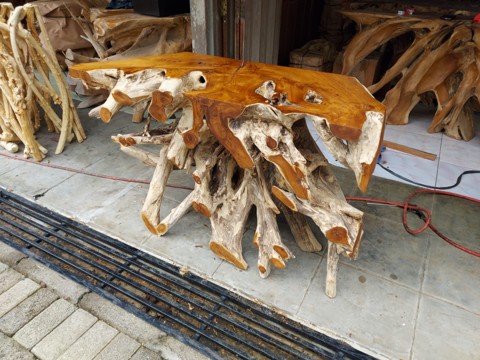 Teak root console table natural edge - Teak root slab console table - Industrial teak root console table - Living room table - SOGEH Furniture