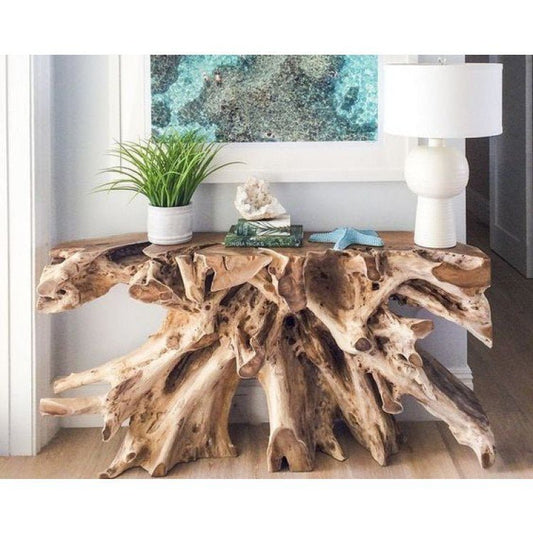 Teak root console table with natural finish - Live edge console table for modern living room - Organic console table made from reclaimed teak wood - SOGEH Furniture