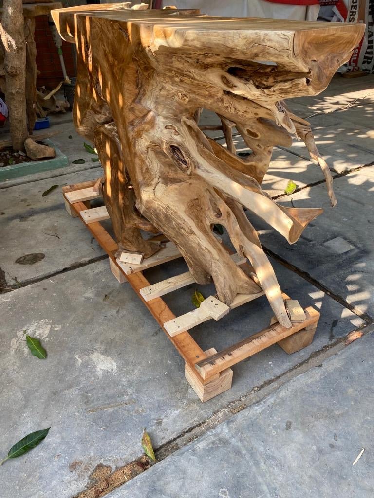 Teak root slab console table - Natural teak root side table -Teak root bench - Natural teak root furniture for industrial home - Natural teak root furniture for Scandinavian home - SOGEH Furniture