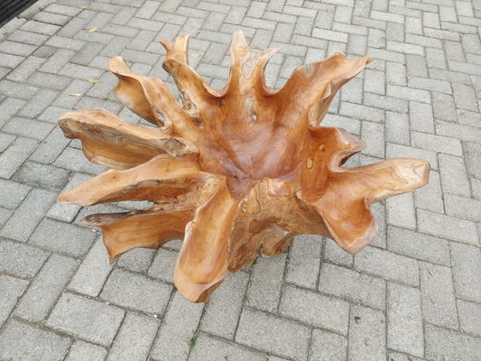 Teak root table with floral details - Floral carved teak root coffee table - Hand carved floral teak root coffee table - Epoxy resin floral teak root coffee table - SOGEH Furniture