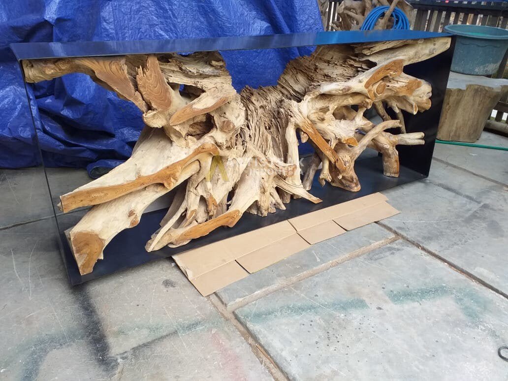 Teak root table with hairpin legs - Teak root table with metal legs - Teak root table with epoxy finish - Live edge teak slab console table - SOGEH Furniture