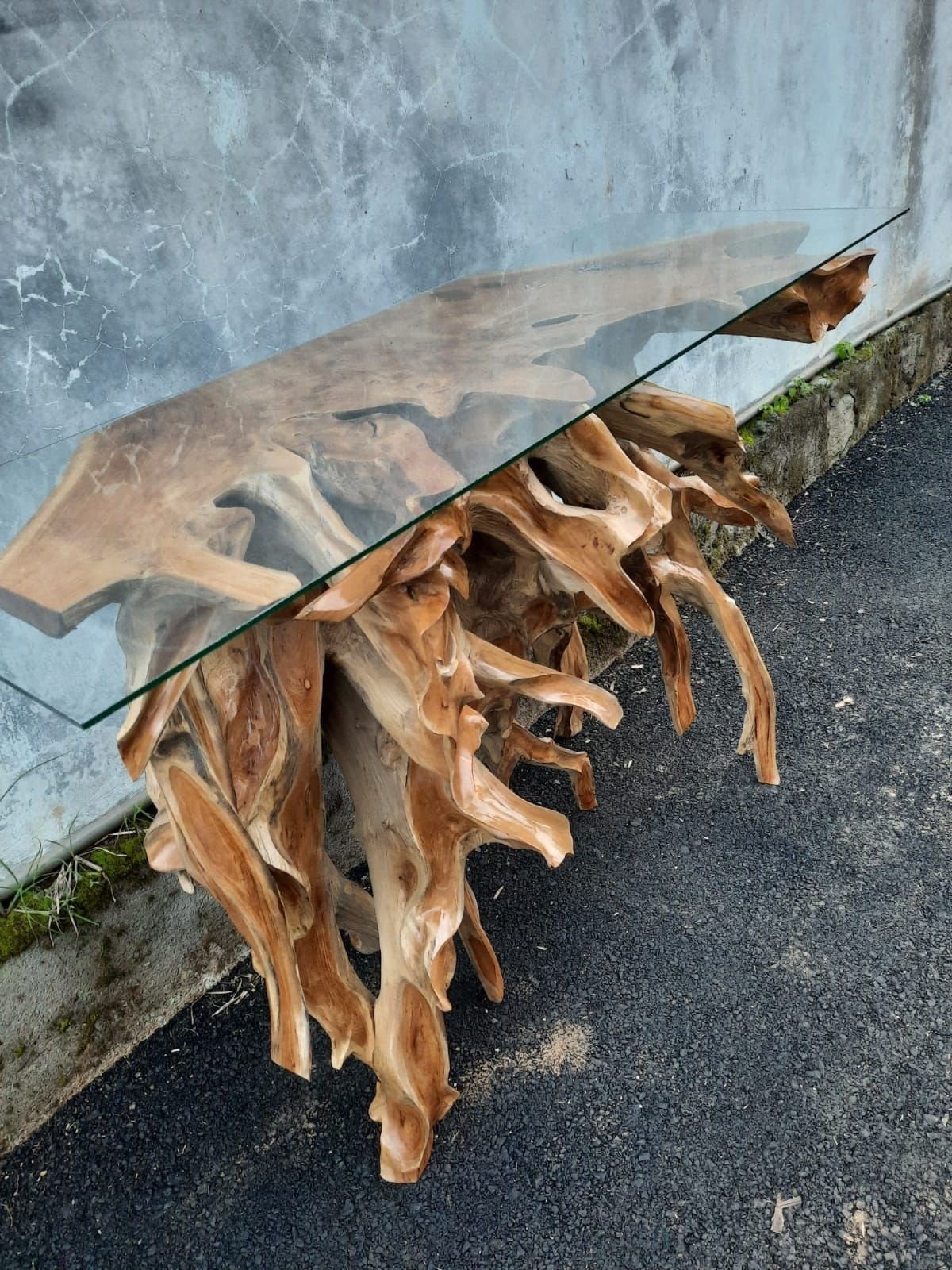 Wax Polish Teak Root Console Table Glass Top - Wooden Entryway Table - Solid Teak Console Table - SOGEH Furniture