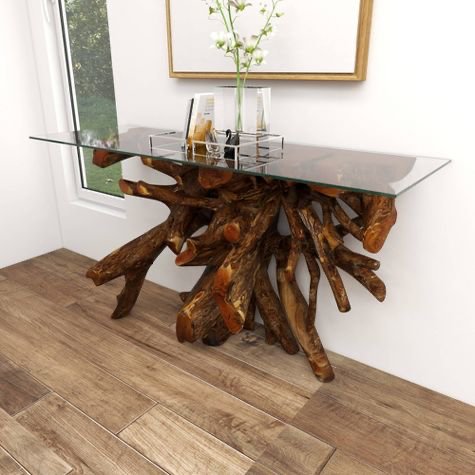 Wax Polished Teak Root Console Table - Solid Wood Console Table - Console Root Wood Teak Disc - SOGEH Furniture