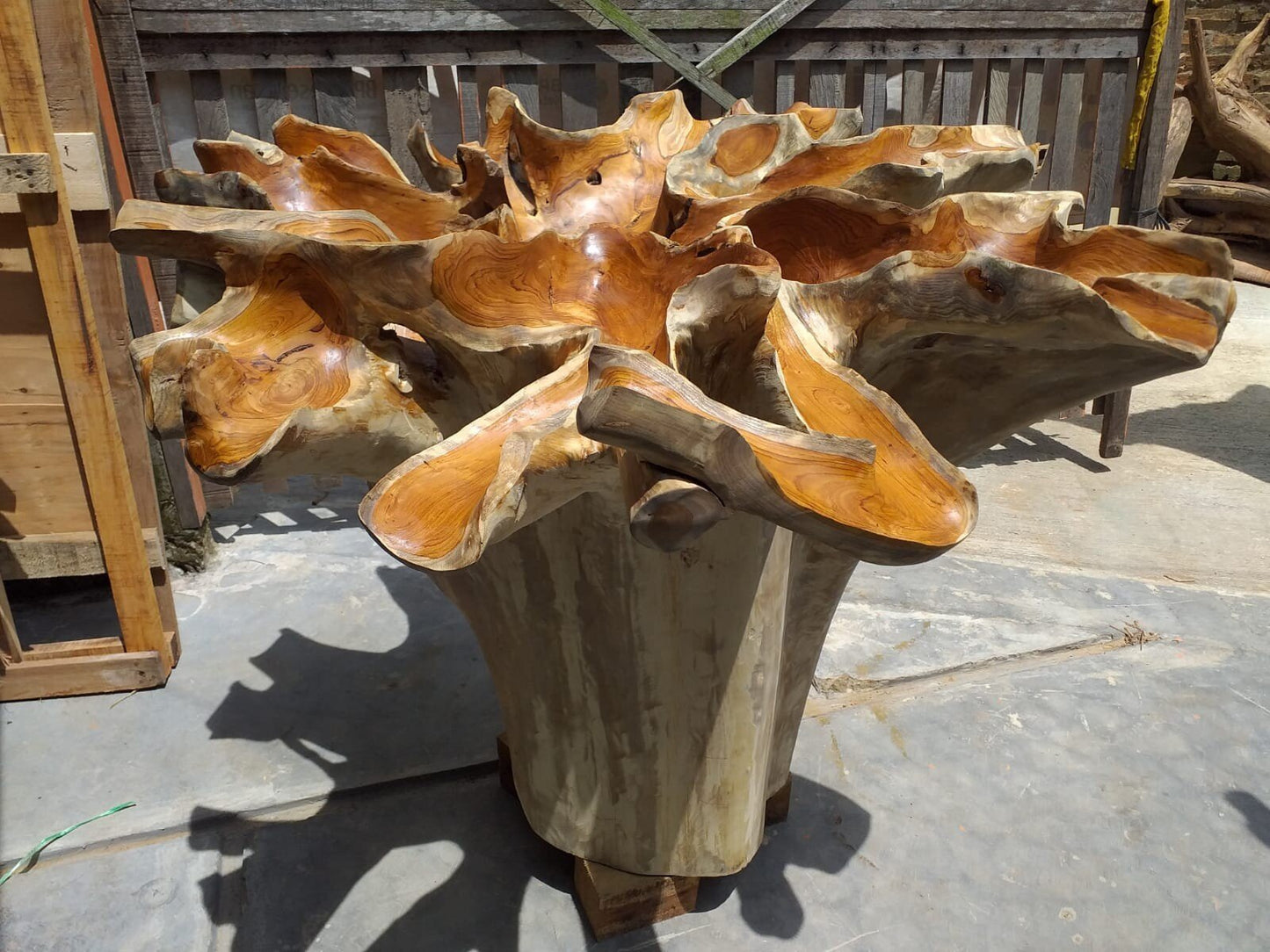 Carved Leaves Finishing Teak Root Round Dining Table- Handcarved Round Teak Root Dining Table - Teak Root Dining Table - SOGEH Furniture