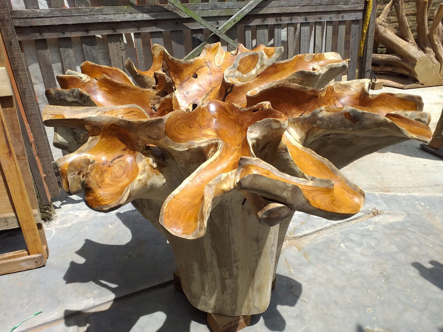 Carved Leaves Finishing Teak Root Round Dining Table- Handcarved Round Teak Root Dining Table - Teak Root Dining Table - SOGEH Furniture