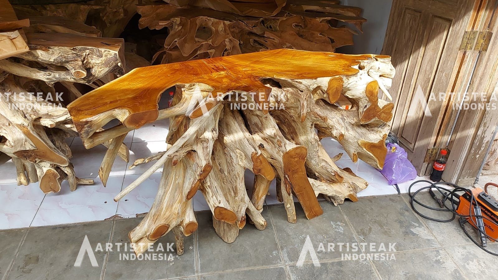 CUSTOM MADE Wax Finishing Teak Root Console Table - High Quality Legal Teak Root Console Table - Unique Teak console table - Door to Door - SOGEH Furniture