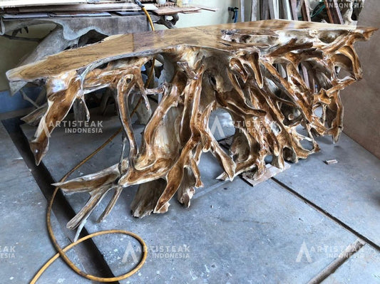 Detail Small Branch Leaves Finishing Teak Root Console Table - Custom Carved Teak Root Console Table Sustain Teak console table - SOGEH Furniture