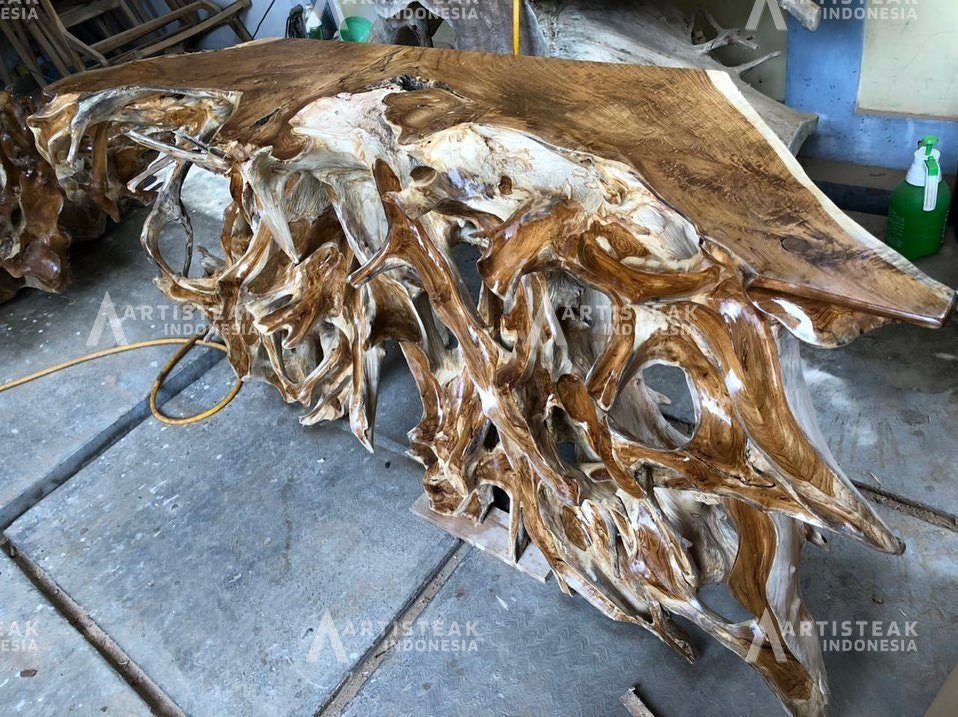 Detail Small Branch Leaves Finishing Teak Root Console Table - Custom Carved Teak Root Console Table Sustain Teak console table - SOGEH Furniture