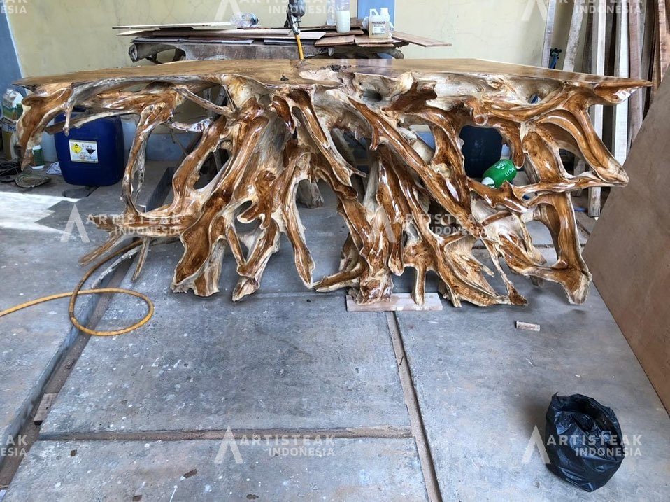 Detail Small Branch Leaves Finishing Teak Root Console Table - Custom Carved Teak Root Console Table Sustain Teak console table - SOGEH Furniture