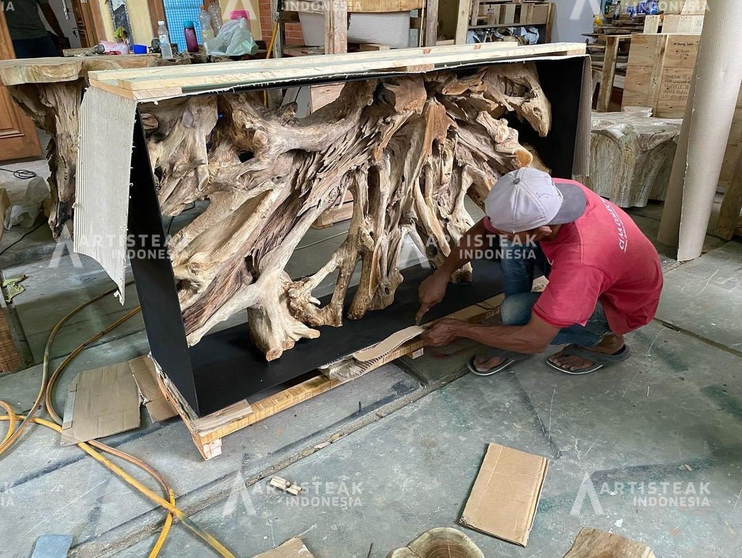 EROSION TEAK ROOT Iron Frame Teak Root Console Table - Teak Root Console Table - Teak console table - Teak Entry Way Console - SOGEH Furniture