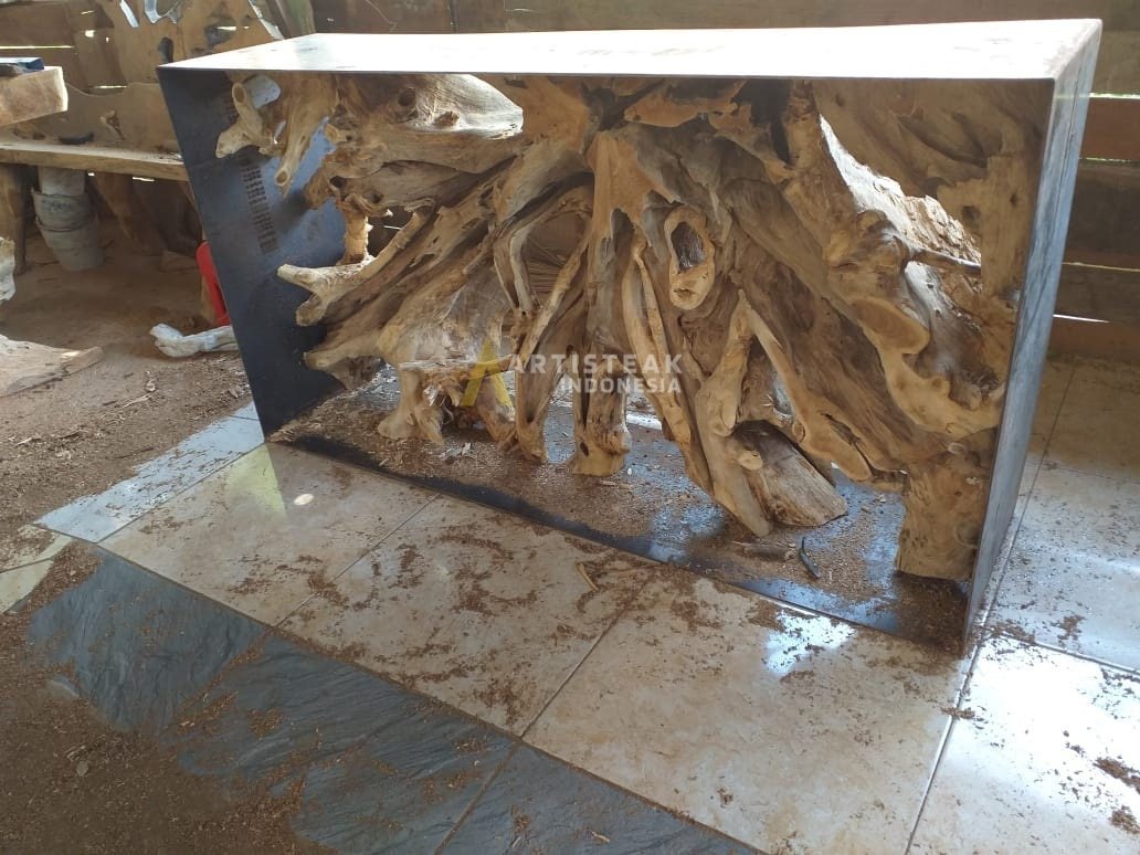 EROSION TEAK ROOT Iron Frame Teak Root Console Table - Teak Root Console Table - Teak console table - Teak Entry Way Console - SOGEH Furniture