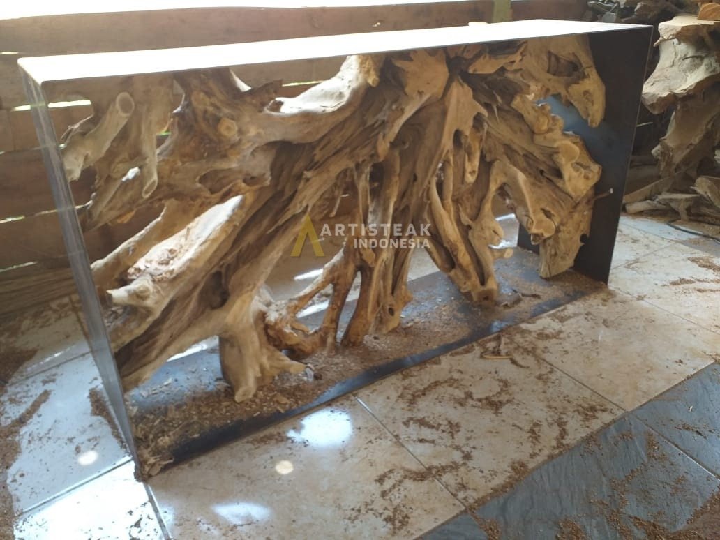 EROSION TEAK ROOT Iron Frame Teak Root Console Table - Teak Root Console Table - Teak console table - Teak Entry Way Console - SOGEH Furniture