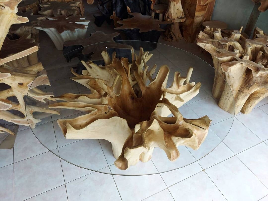 Floral Leaves Round Teak Root Dining Table - High Quality Teak Root Dining Table - Handcarved Manually - Unique and One of a Kind - SOGEH Furniture