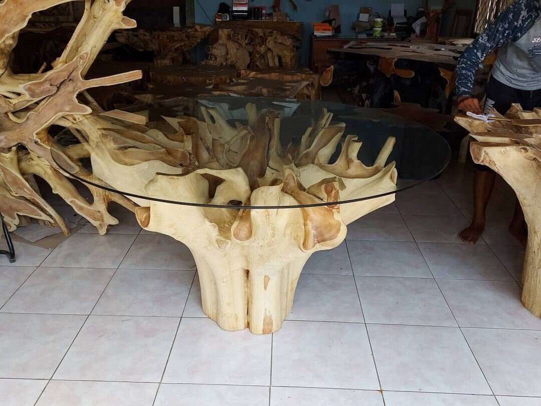 Floral Leaves Round Teak Root Dining Table - High Quality Teak Root Dining Table - Handcarved Manually - Unique and One of a Kind - SOGEH Furniture