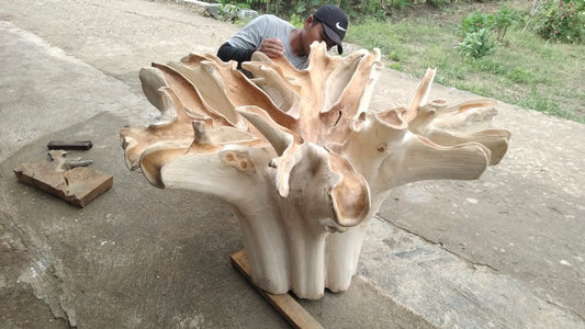 Floral Leaves Round Teak Root Dining Table - High Quality Teak Root Dining Table - Handcarved Manually - Unique and One of a Kind - SOGEH Furniture