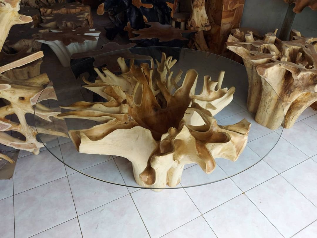 Floral Leaves Round Teak Root Dining Table - High Quality Teak Root Dining Table - Handcarved Manually - Unique and One of a Kind - SOGEH Furniture