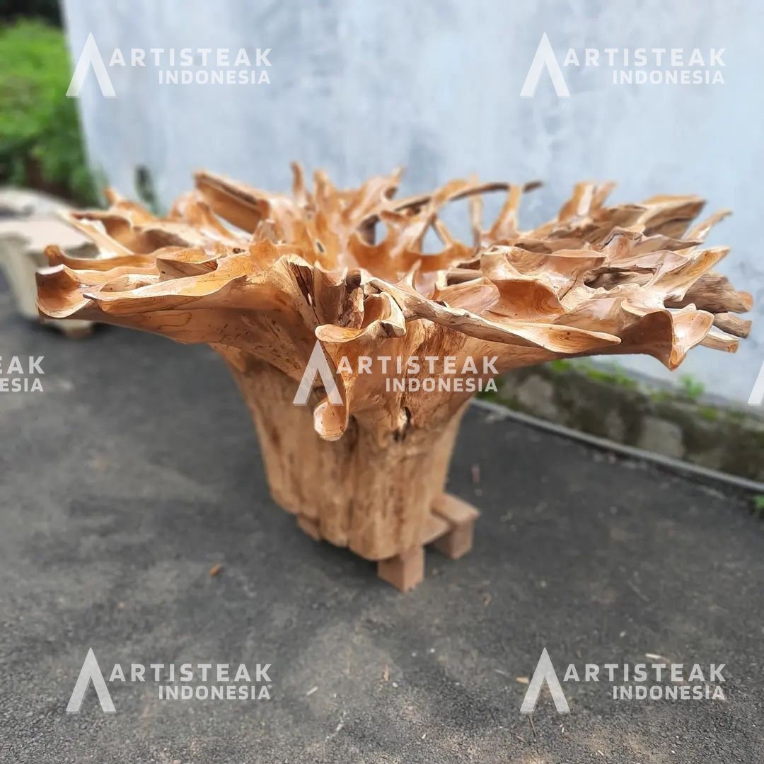 IRAS Style Carved Round Teak Root Dining Table - High Quality Teak Root Dining Table - Handcarved Manually - Unique and One of a Kind - SOGEH Furniture