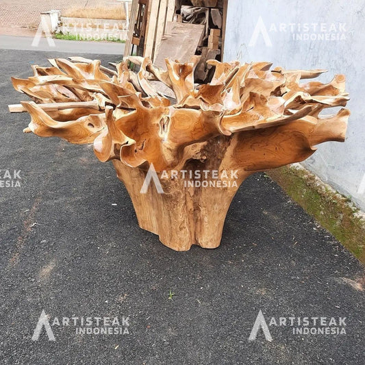 IRAS Style Carved Round Teak Root Dining Table - High Quality Teak Root Dining Table - Handcarved Manually - Unique and One of a Kind - SOGEH Furniture