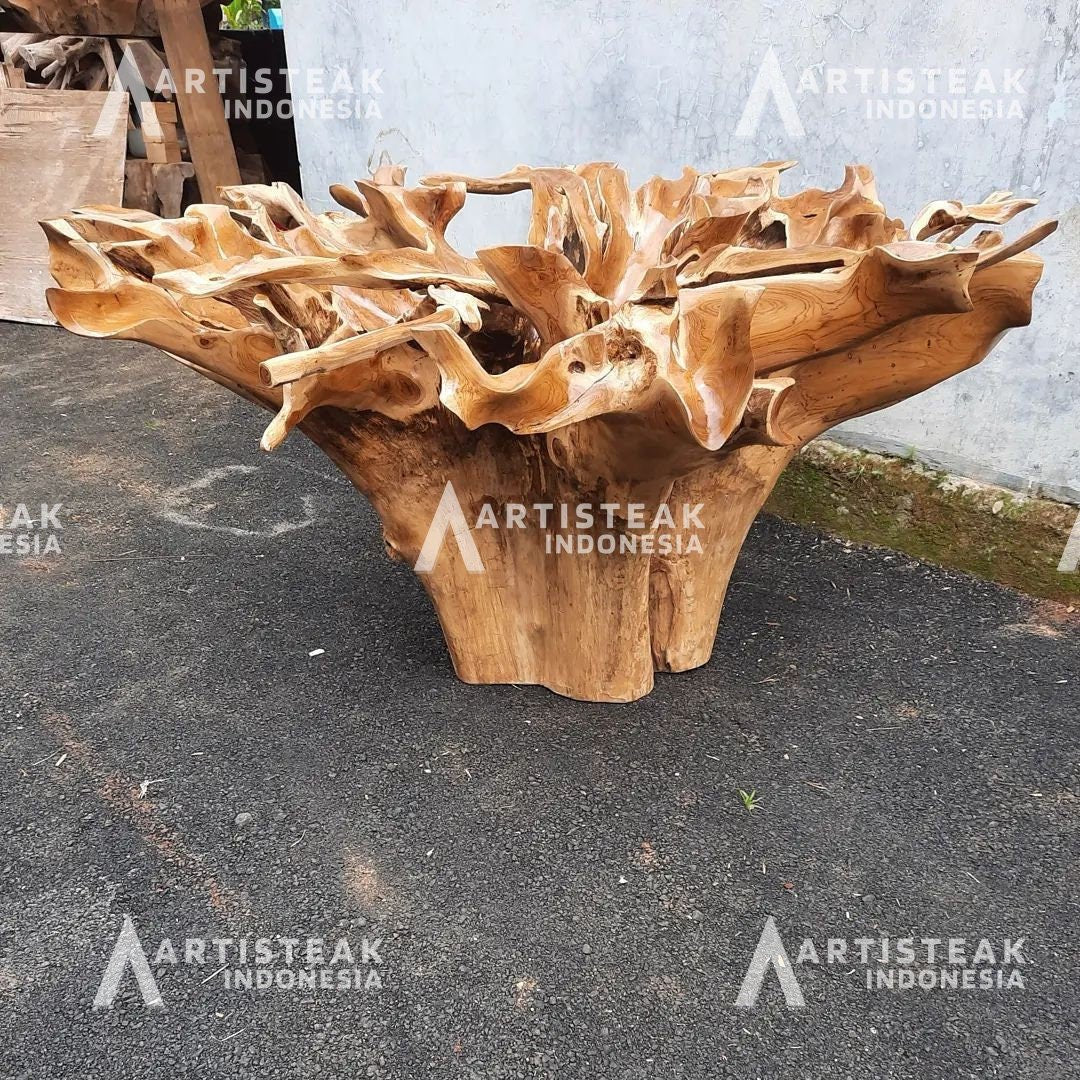 IRAS Style Carved Round Teak Root Dining Table - High Quality Teak Root Dining Table - Handcarved Manually - Unique and One of a Kind - SOGEH Furniture