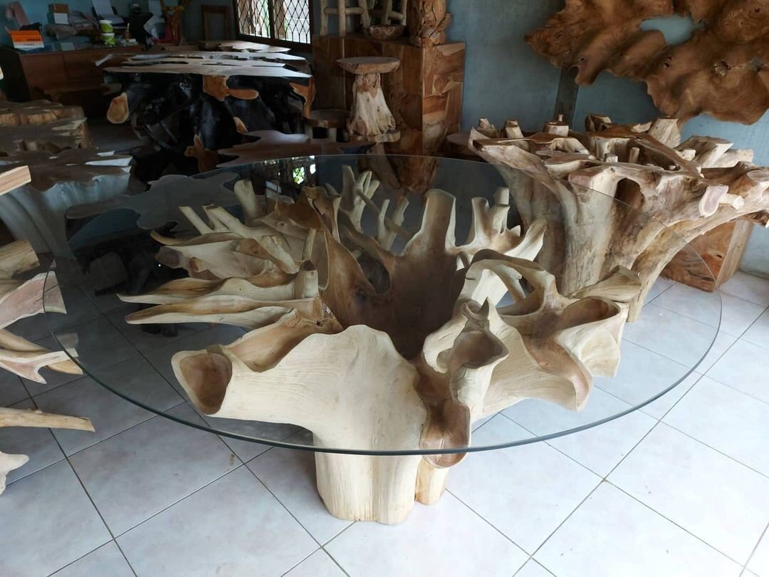 Leaves Finishing Round Teak Root Dining Table - High Quality Teak Root Dining Table - Handcarved Manually - Unique and One of a Kind - SOGEH Furniture