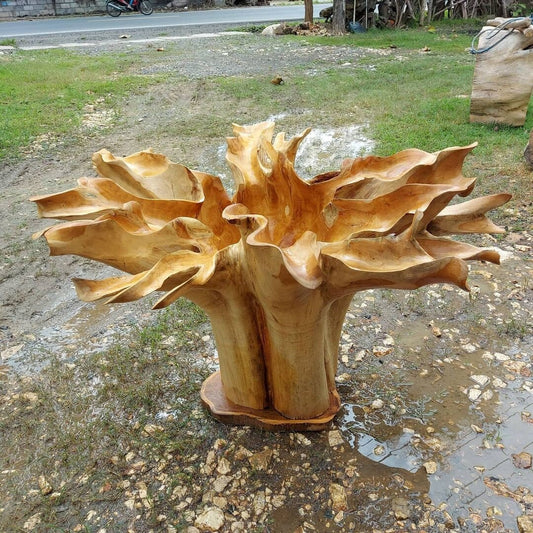 Leaves Finishing Round Teak Root Dining Table - High Quality Teak Root Dining Table - Handcarved Manually - Unique and One of a Kind - SOGEH Furniture