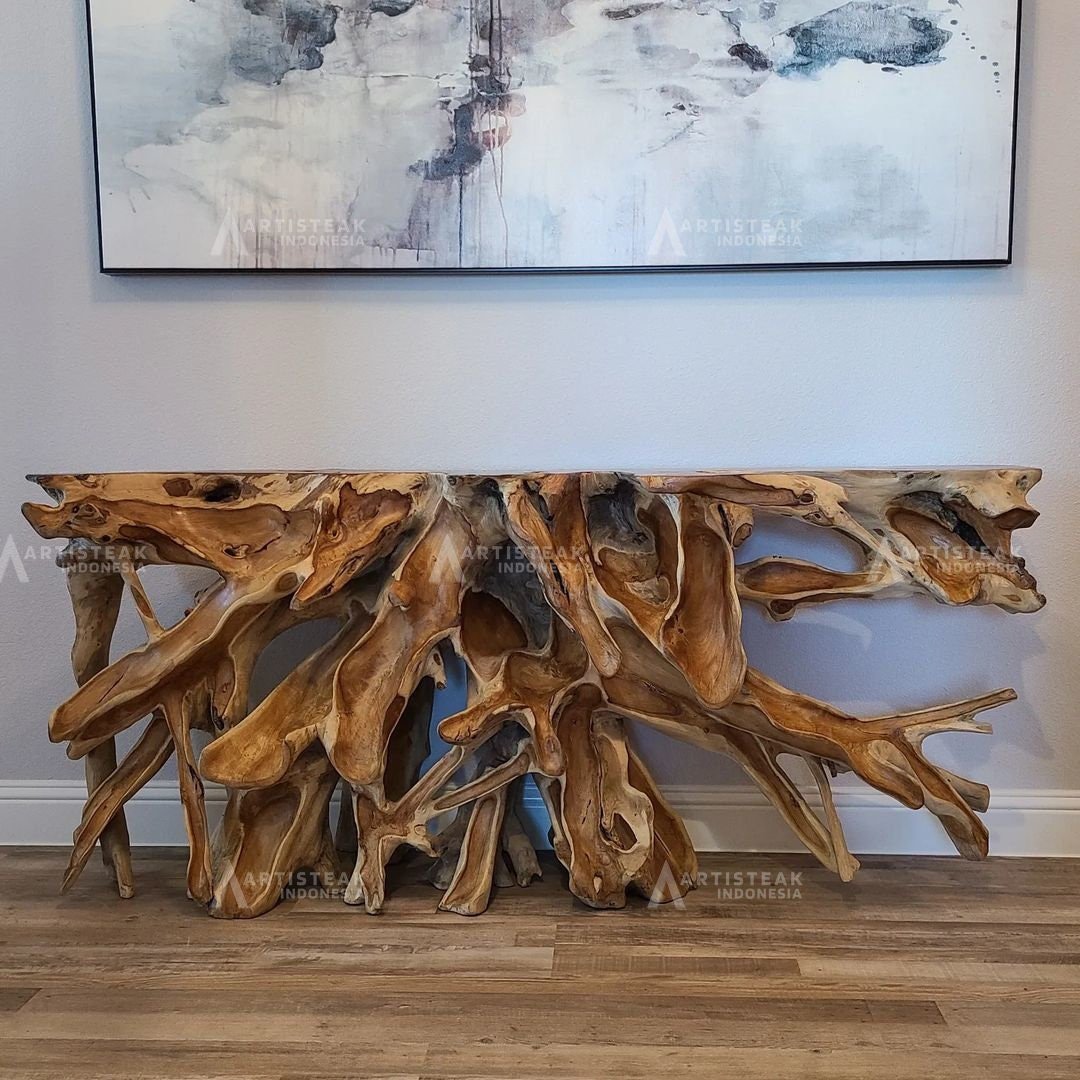 Natural Leaves Finishing Teak Root Console Table - Teak Root Console Table - Teak console table - Teak Entry Way Console - SOGEH Furniture