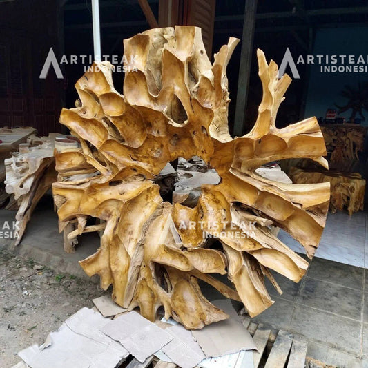 Round Teak Root Sculpture Art - Teak Root Display Sculpture Art - Round Wall Statue - Carved Teak Root Wall Statue - SOGEH Furniture