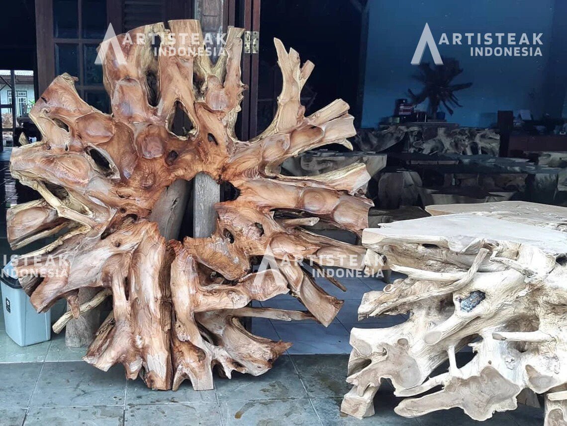 Round Teak Root Sculpture Art - Teak Root Display Sculpture Art - Round Wall Statue - Carved Teak Root Wall Statue - SOGEH Furniture