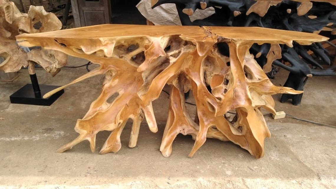 SARANG SEMUT Style Leaves Finishing Teak Root Console Table - Custom Carved Teak Root Console Table Sustain Teak console table - SOGEH Furniture